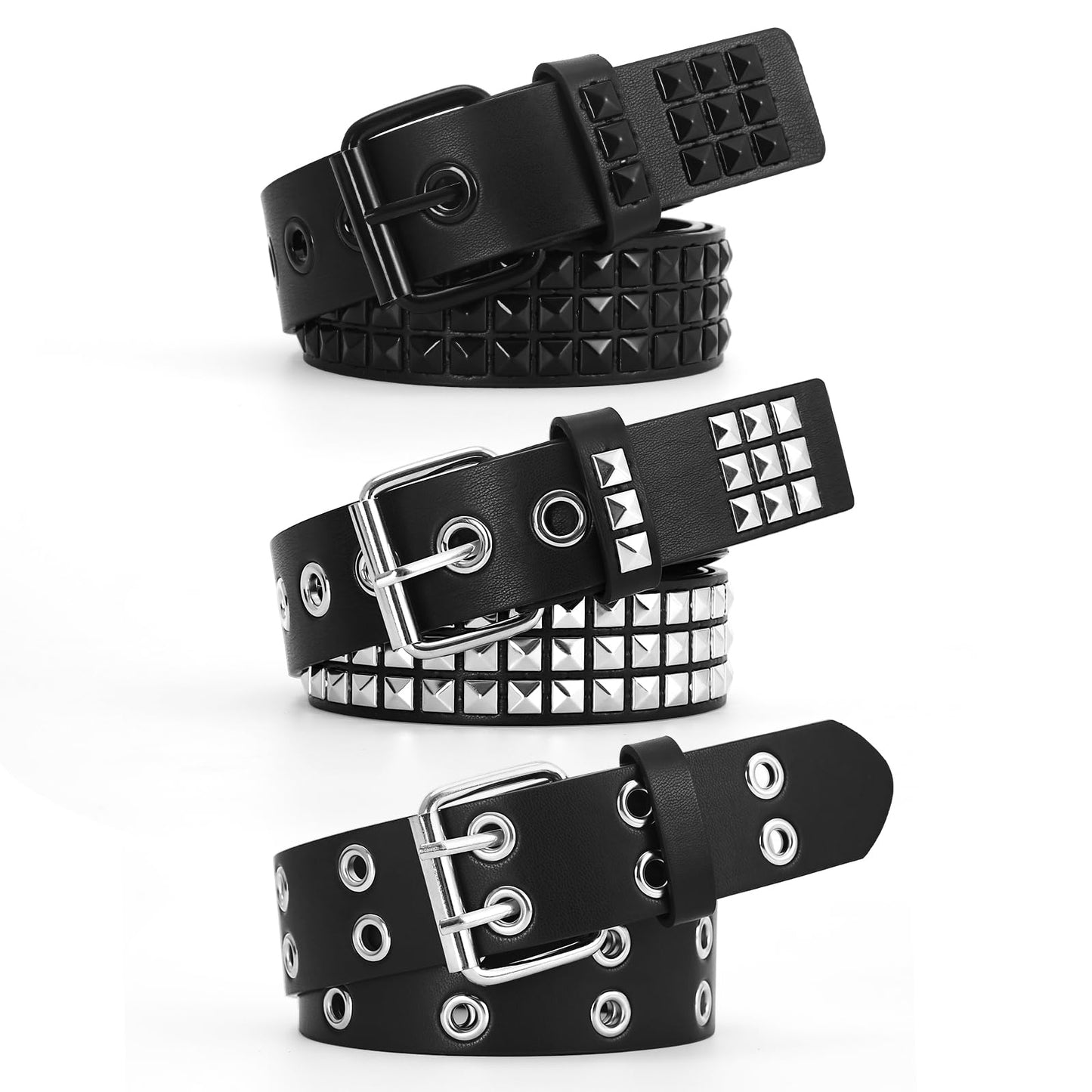 SNCEAW 3 Pcs Studded Belt Y2K Metal Goth Punk Rock Rivet Belt with Bright Pyramid Studded for Women Men (Silver+Black+Double Holes, Fit Pant 27-32 inch)
