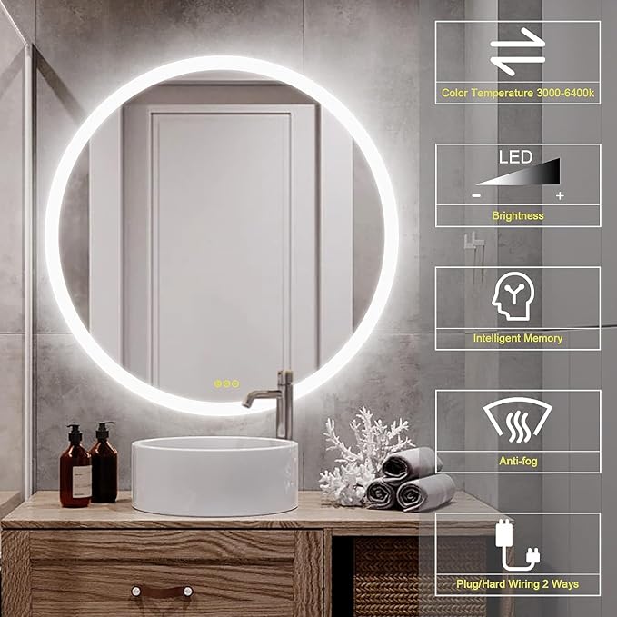 OKISS Wall-Mounted LED Round Bathroom Mirror, Makeup Mirror (28 inches x 28 inches,) 3 Color Stepless Dimmable Memory Bathroom Vanity Mirror with Lights CRI90+ 3000-6400K Smart Mirror with Touch
