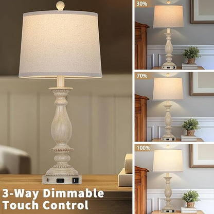 28" Tall Farmhouse Table Lamps for Living Room Set of 2,Vintage Rustic Beige Bedside Touch Lamp with USB C+A Ports & AC Outlet, 3-Way Dimmable Resin Nightstand Lamp for Bedroom Entryway Office