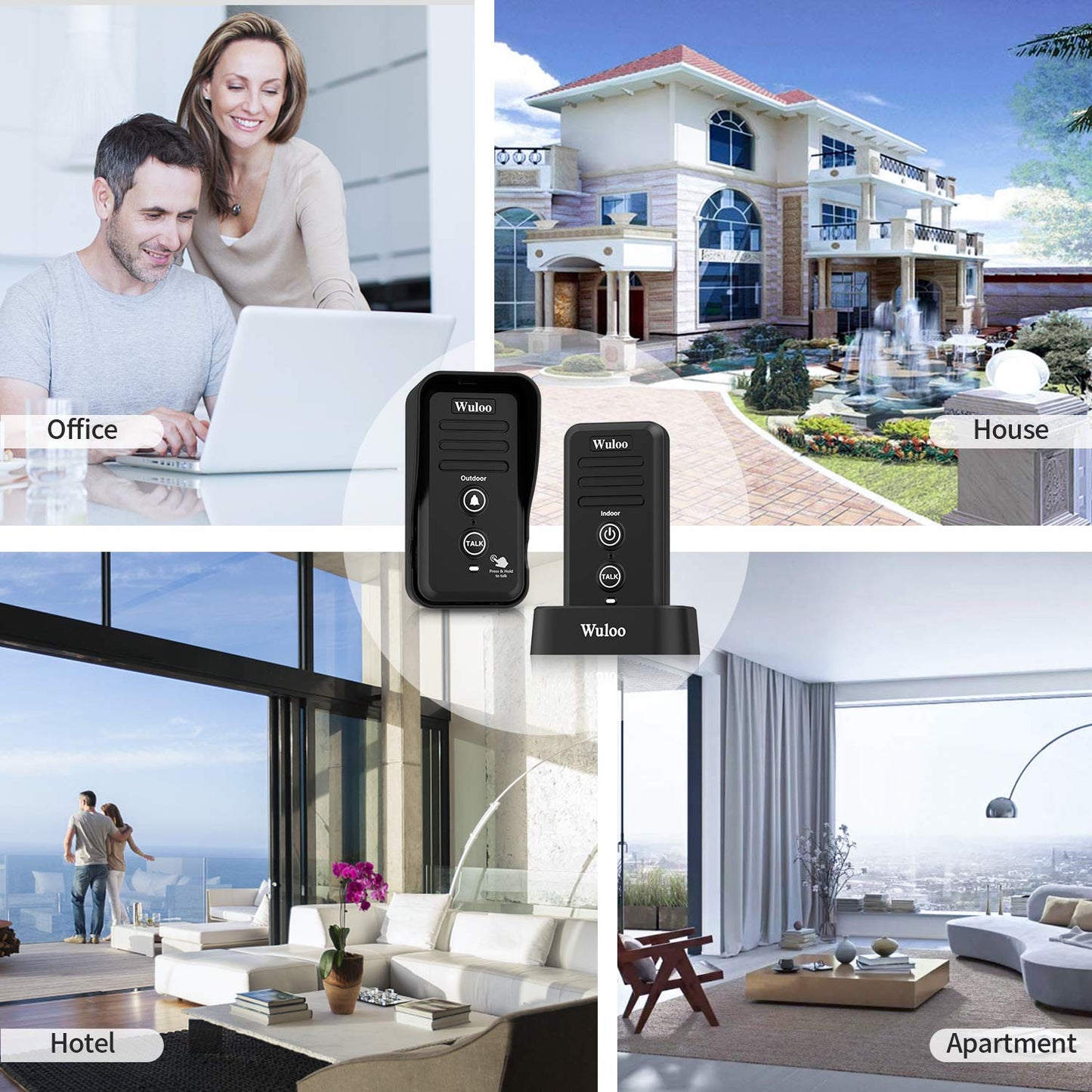 Wireless Intercom Doorbells for Home Classroom, Wuloo Waterproof Electronic Doorbell Chime with 2640 Feet Range 3 Volume Levels Rechargeable Battery (1&1-Black)