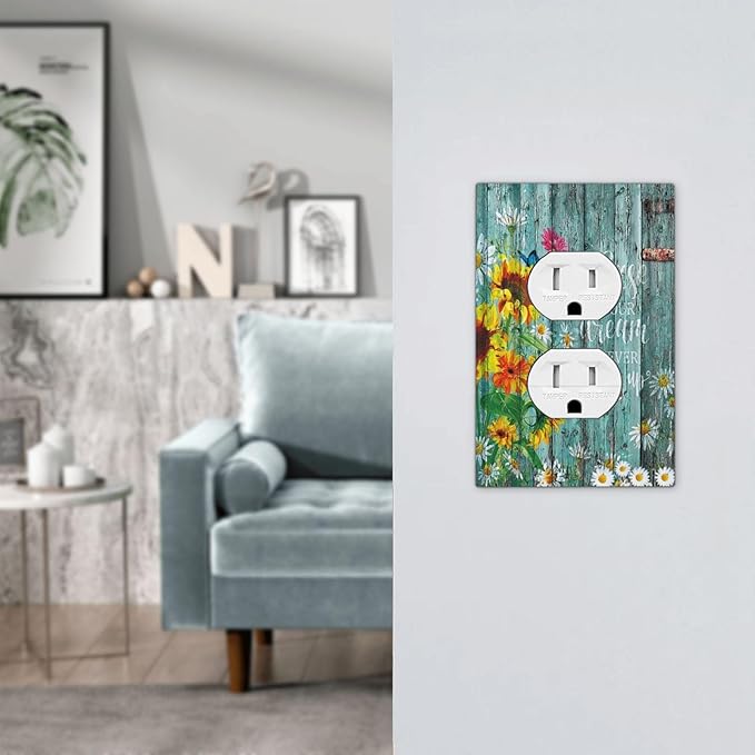 Turquoise Rustic Wood Planks Sunflower Butterfly 1 Gang Outlet Plate Decorative Single Duplex Wall Plate Covers Electrical Receptacle Light Switch Cover Switchplate for Country Bathroom Decor