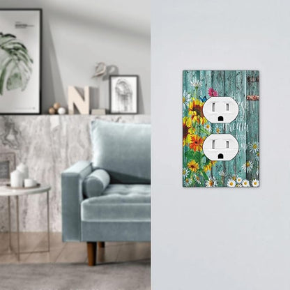 Turquoise Rustic Wood Planks Sunflower Butterfly 1 Gang Outlet Plate Decorative Single Duplex Wall Plate Covers Electrical Receptacle Light Switch Cover Switchplate for Country Bathroom Decor