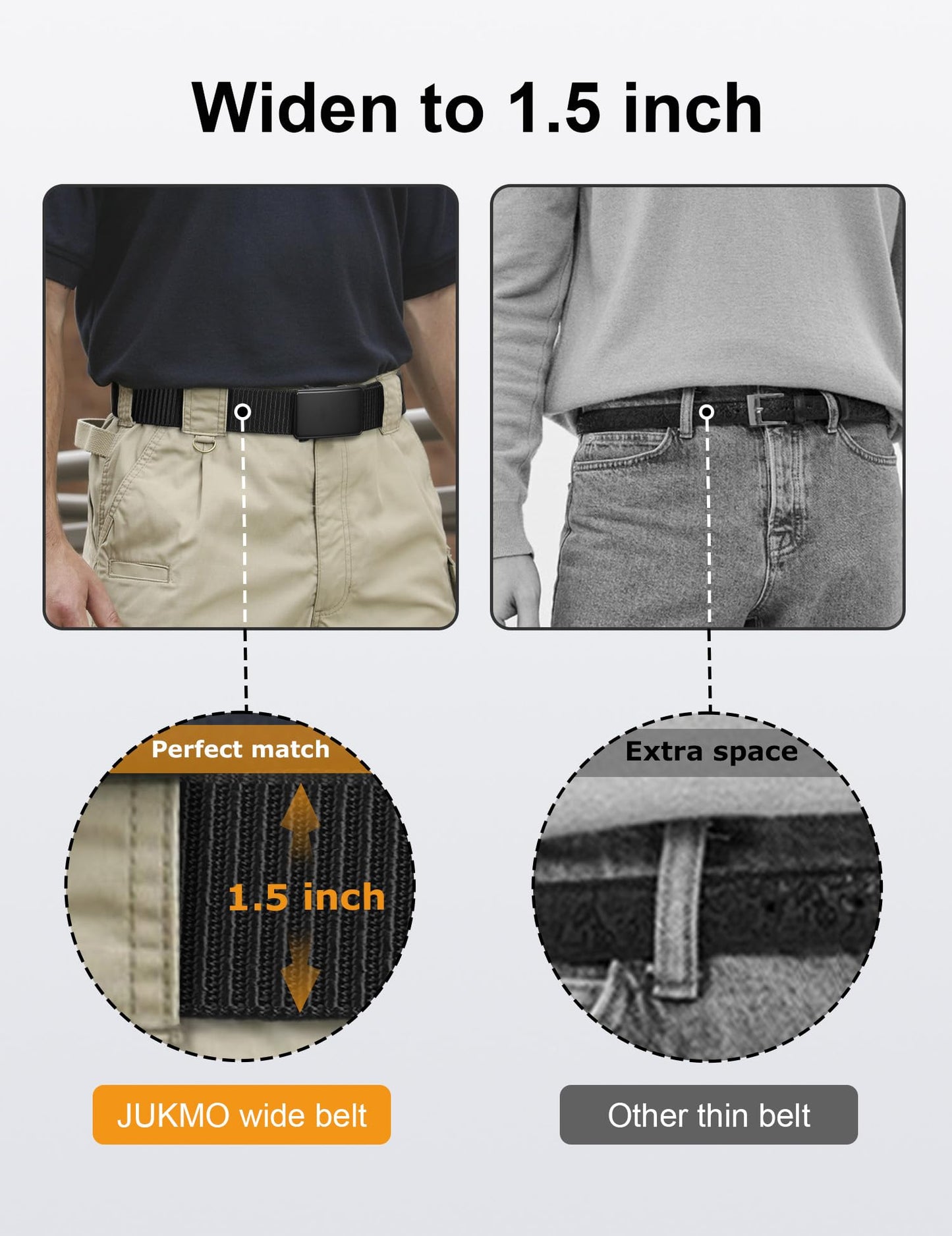 JUKMO Men's 1.5" Nylon Ratchet Belt, Casual Web Click Tactical Belt with Slide Buckle for Jeans, No Holes Adjustable Trim to Fit(Black,Small)