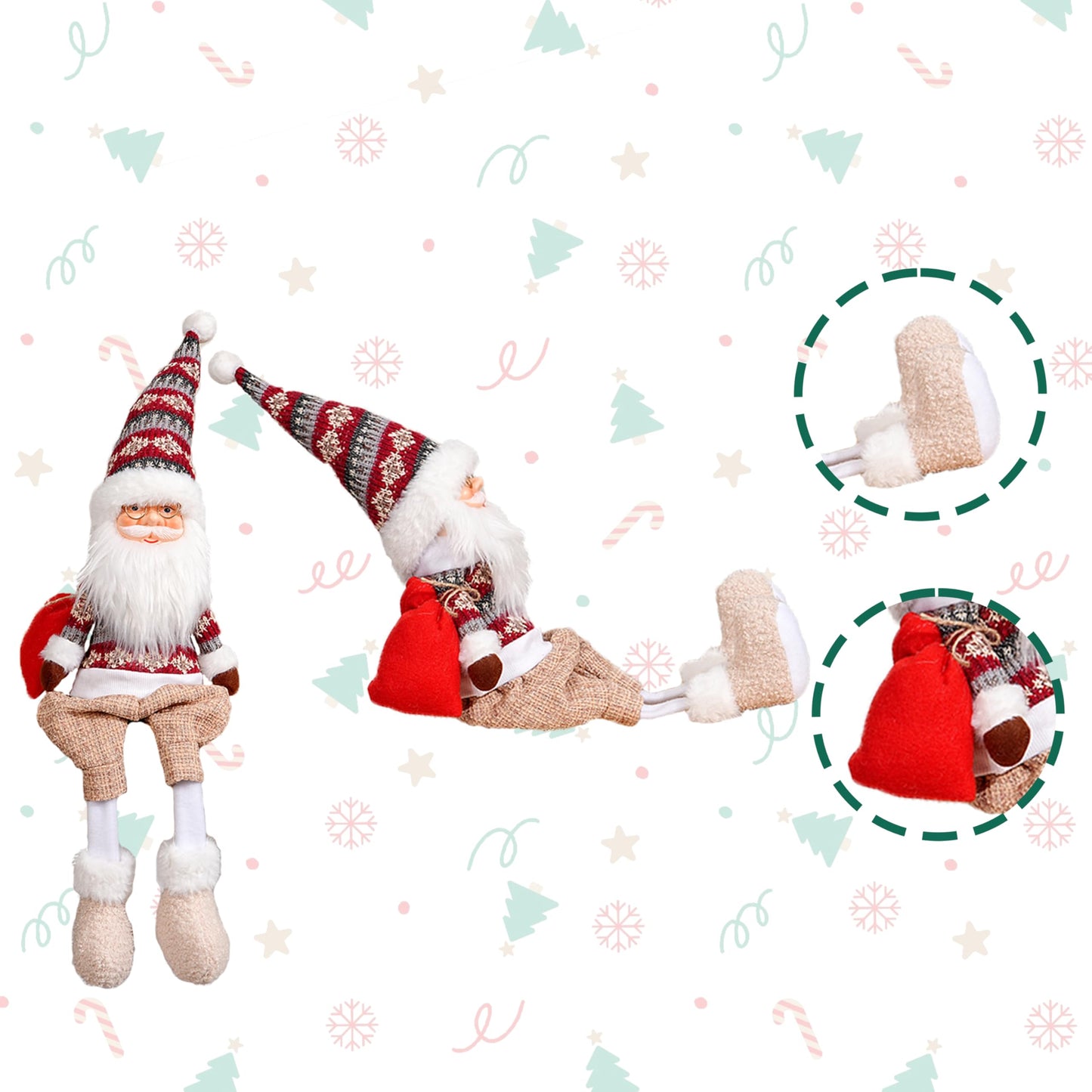 Dedrian11 23.6’’ Christmas Sitting Santa Shelf Sitter Decor, Long Dangling Legs, Poseable Wired Hat & Arms, Nordic Knit Sweater, Mantel Shelf Tabletop Ornament, Weighted Bottom