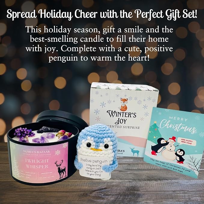 Moira's Bazaar Winter's Joy Gift Set –16 Oz 50 Hr Scented Candle with Crystals & a Crochet Positive Penguin | Christmas, Holiday, or Motivational Gift, Artisanal Luxury Fragrances (Twilight Whisper)