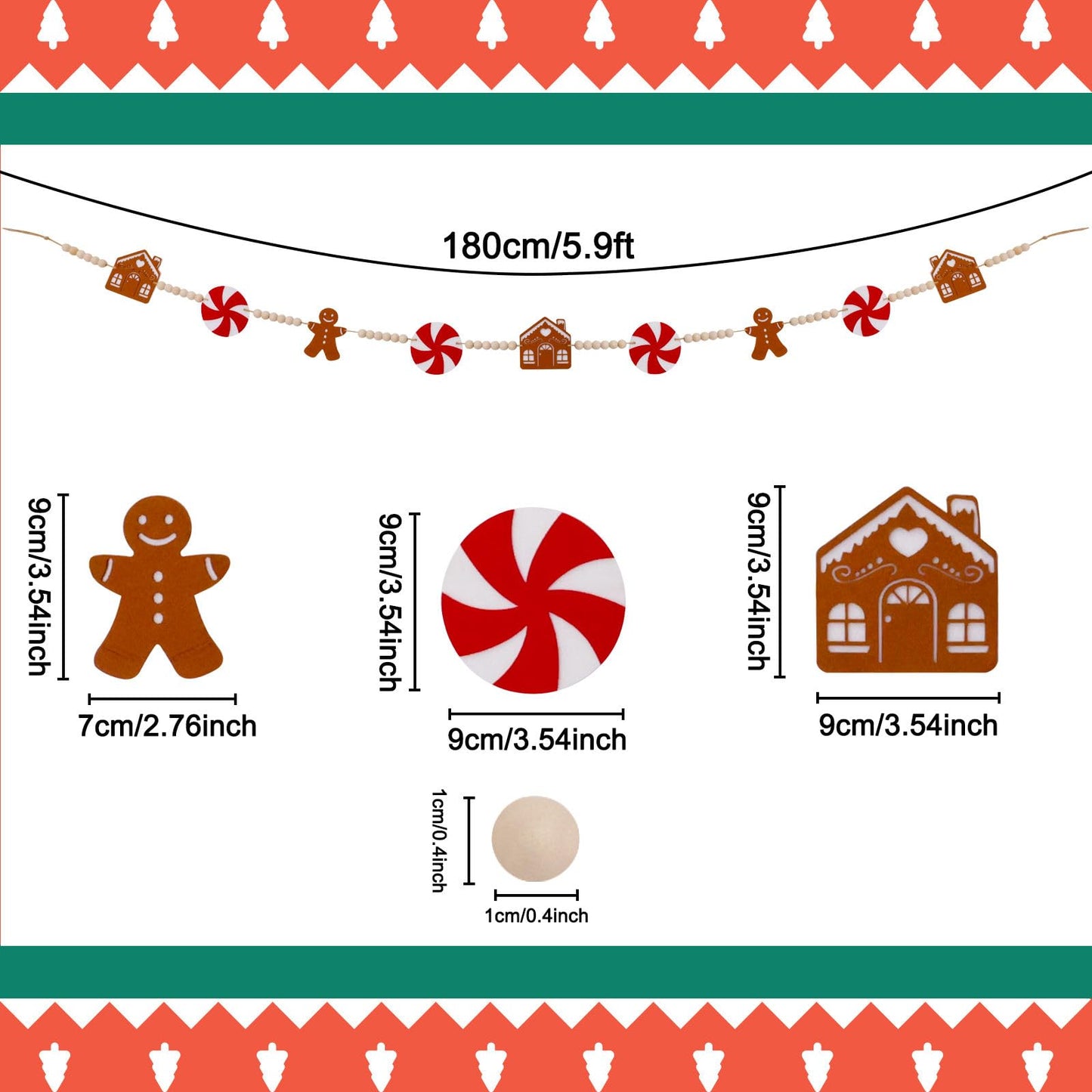 5.9FT Gingerbread Garland Christmas Decoration for Mantle, Xmas Gingerbread Man Wood Bead House Decor Indoor Fireplace