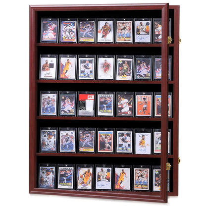 Temgee 35 Baseball Card Display Case - Lockable Sports Graded Card Display Case Wall Mount with UV Protection Acrylic Door for Baseball Basketball Football Hockey Trading Card Collection (Mahogany)