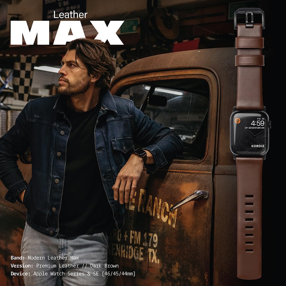 KORDIZ Modern Leather MAX Band for Apple Watch Series 11 10 9 8 7 6 5 & SE3 SE2 SE [46/45/44mm] – Premium Full-Grain Leather Strap for Men, Rugged Modern Design, Stainless Steel Buckle, Comfortable Everyday Fit – 26mm Wide Leather Band (46/45/44mm | Dark