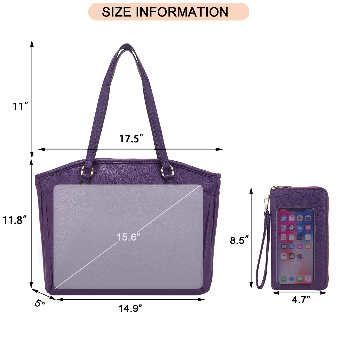 YZAOLL 15.6 Inch Laptop Tote Bag for Women,Water-resistant Vegan Leather with Anti-Scratch Padded Sleeve,Lightweight Multi-Pocket Work Bag for Business Travel,College,Office Essentials,Purple