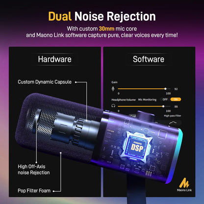 MAONO XLR/USB Gaming Microphone Kit: Dynamic PC Mic for Streaming Podcasting, Software Support, Mute Button, Gain Control, RGB Computer Mic with Boom Arm Stand, for Recording, PS4/PS5, PD100XS Black