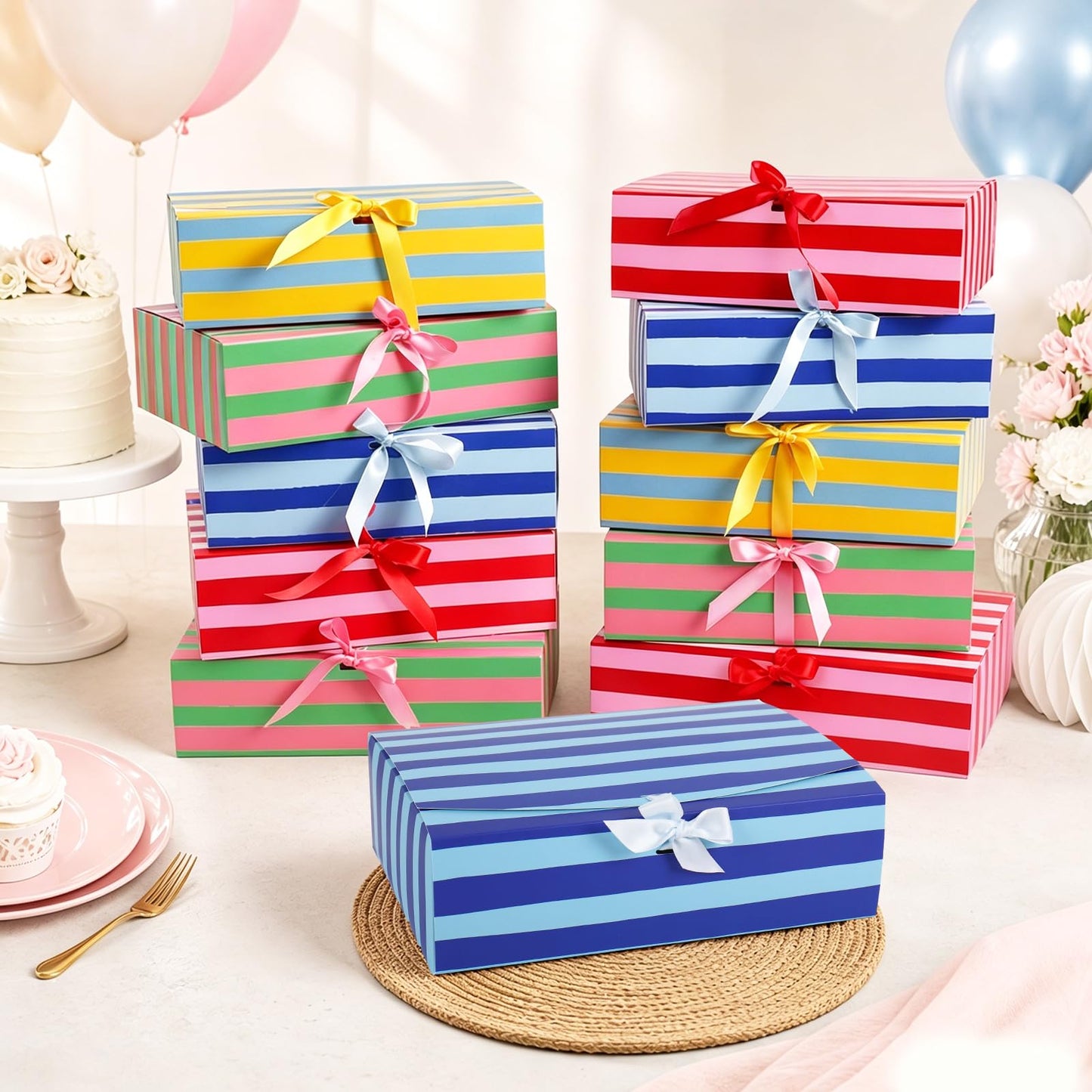 Whaline 16Pcs Stripe Treat Boxes with Lid & Ribbon Closure Colorful Summer Striped Gift Paper Box Empty for Cookies Candy Wedding Birthday Baby Shower Pool Party Favors