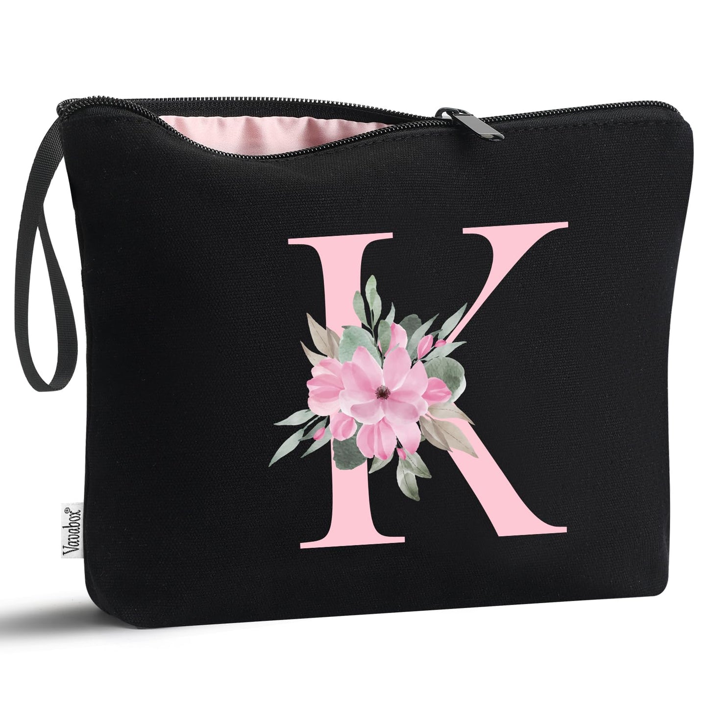 Vavabox A-Z Personalized Makeup Bag, Birthday Gifts for Women Mom, Gifts for Best Friend, Bride Bridesmaid Cosmetic bag (K, Black)