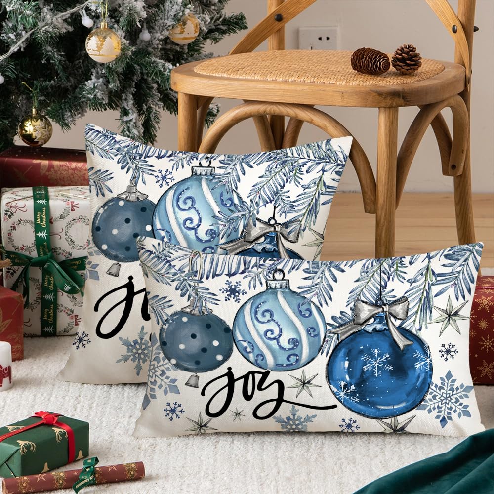 AACORS Christmas Pillow Cover 12X20 Inch Baubles Christmas Tree Stars Joy Decoration Holiday Farmhouse Winter Pillow Case for Sofa Couch Decor（Blue） AA614-12