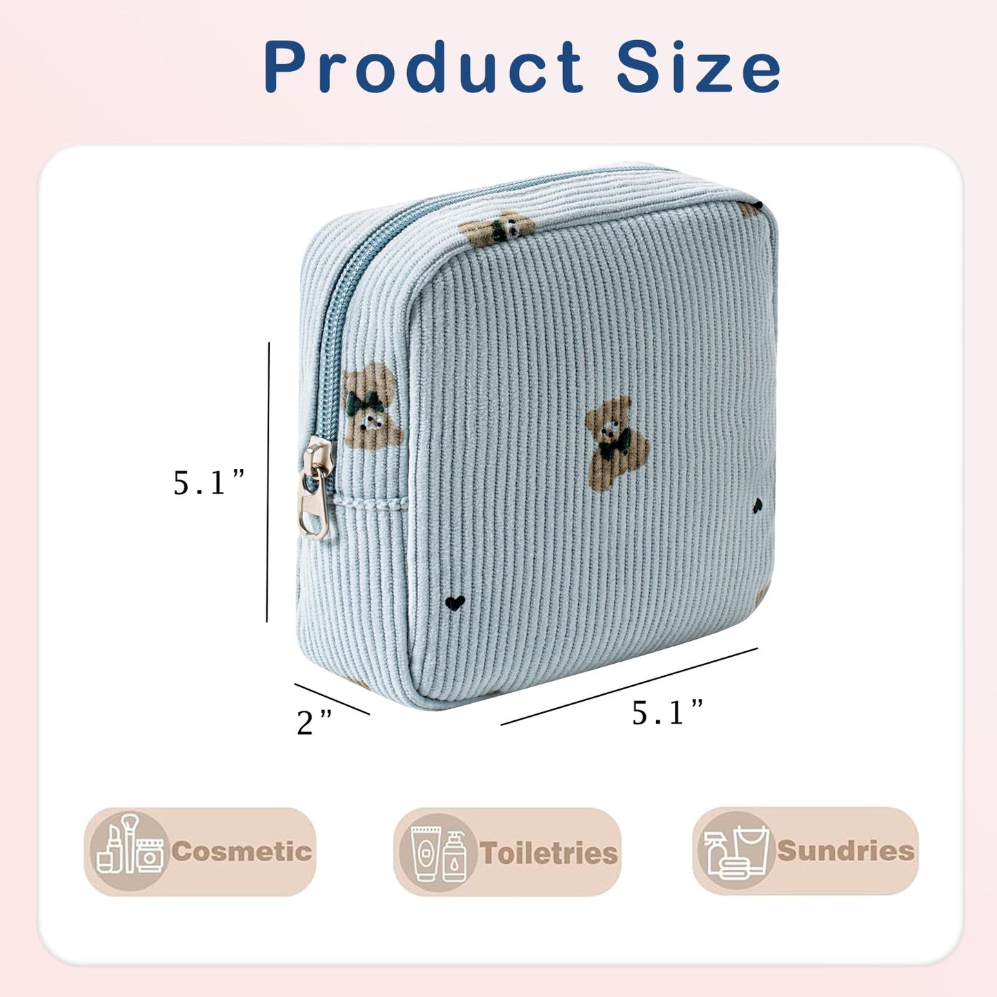 uekeboag Cute Small Corduroy Zipper Makeup Bag, Mini Coquette Aesthetic Pouch with Bear Pattern for for Purse,Key Pocket Lipstick Bag Card Holder Data Cable Organizer for Women Girls (03Blue Bear)