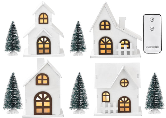 Ovootok Wood & Plastic Christmas Sculpture Set, 9pcs, Including 4 LED Lighted Houses and 5 Frosted Trees for Tabletop Mantel Décor