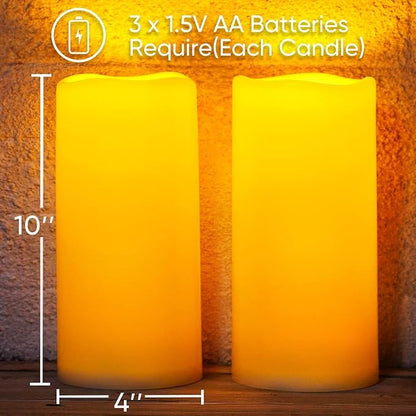 Homemory 10" x 4" Large Waterproof Outdoor Flameless Candles with Remote Control and Timer, Battery Operated Flickering LED Pillar Candles for Outdoor Larterns, Porch, Long Lasting, Set of 4
