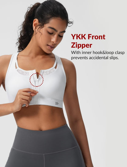 Yvette Zip Front High Impact Sports Bras for Women Lace Mesh Supportive Bras for Workout, White, M