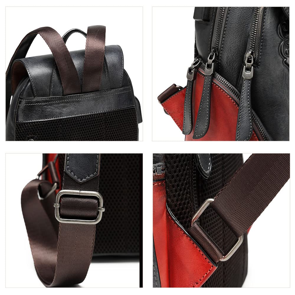 Leather Backpack for Women Organizer Retro Vegetable Tanning leather bag Vintage Embossing Totem (black)