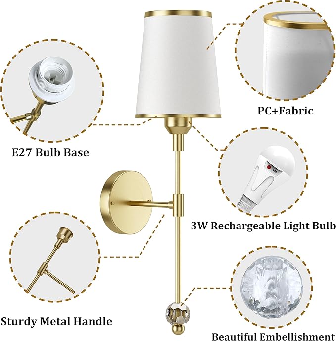 PAIHOME Gold Battery Operated Wall Sconce Set of Two, Rechargeable Wireless Sconces with 5000mAh, 15 Colors Remote Control Dimmable Wall Sconce for Bedroom Living Room Bathroom Hallway Wall Decor