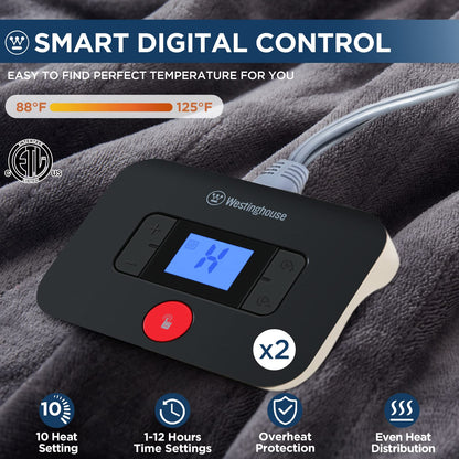 Westinghouse Electric Blanket Heated Throw, Super Cozy Soft Flannel 50"" x 60"" Heated Throw with 6 Fast Heating Levels & 2-10 Auto-Off, Machine Washable, ETL&FCC Certification, Navy Blue