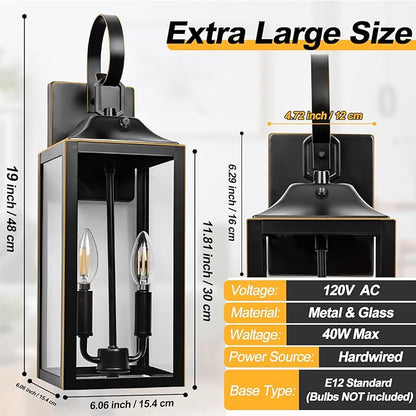 Large Dusk to Dawn Outdoor Lighting - 19" Black Outside Wall Mount Light Fixture with Gold Trim, Exterior Farmhouse Wall Sconce Lantern, Modern Porch Light Exterior Lamp for House 2-Light (1 Pack)