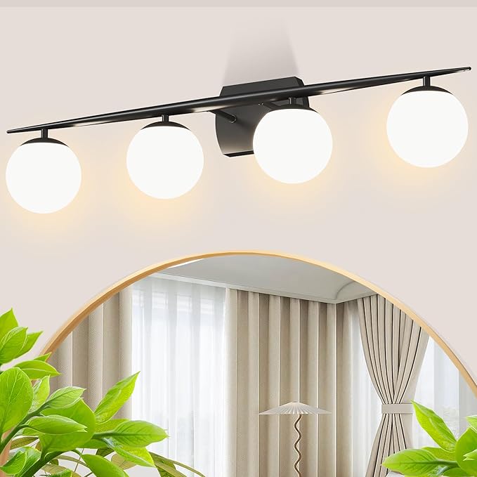Black Vanity Lighting Fixtures, 4-Light 34.7 Inch Modern Bathroom Light with Milky White Frosted Glass Shades, Wall Lights for Bathroom, Bedroom, Living Room（G9 Bulb not Included）