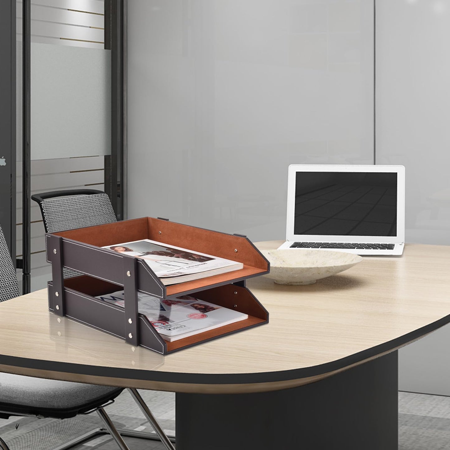 XNONE Leather Desk Organizer,2-Tier Stackable Letter Tray Holder,Office Supplies Desktop Storage Box for Document,Stationery,Magazines,Newspapers,Letters and Other Home Office Paper Sundries,Coffee