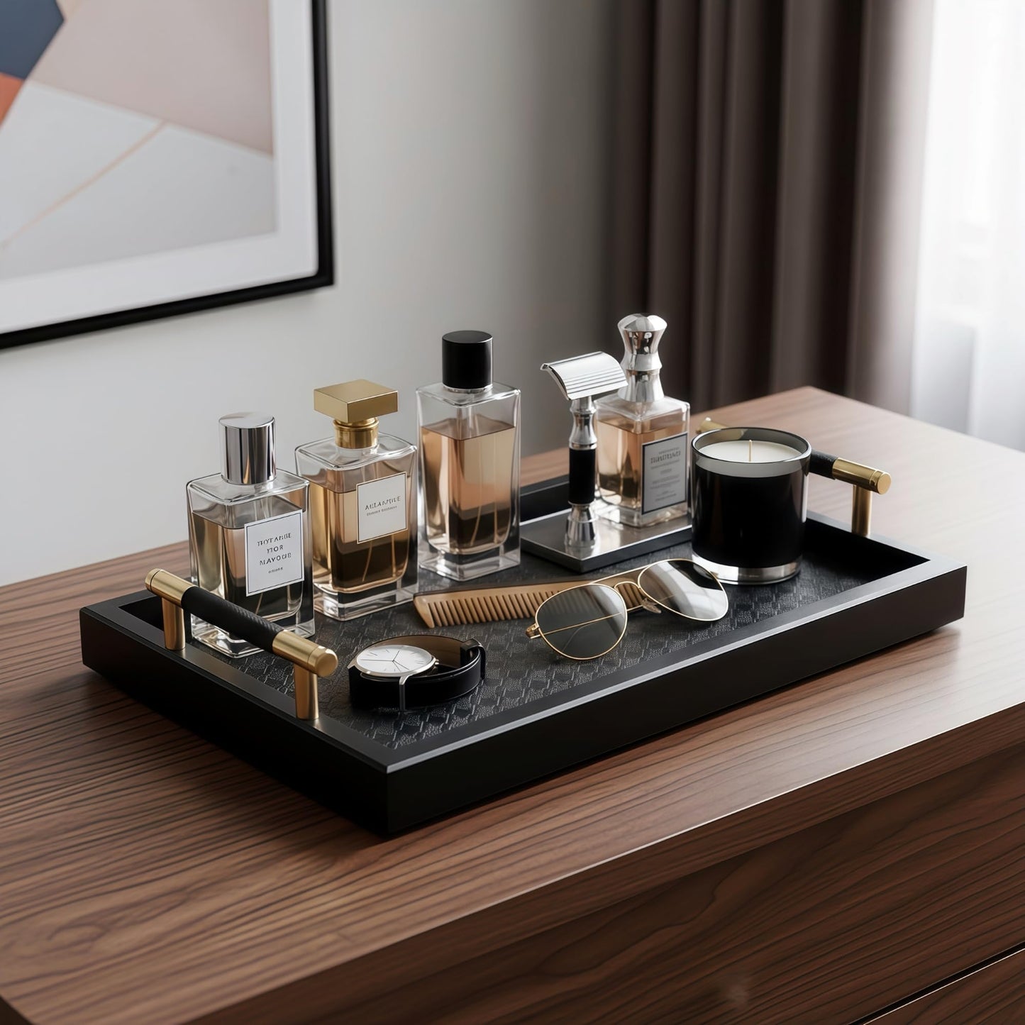 Bamboo Vanity Tray for Dresser -13.4"x8.7" Cologne Tray with Handles, Black Gold Trinket Tray for Perfume, Jewelry, Watch, Key - Bathroom Tray with Leather Mat for Countertop, Living Room, Bedroom