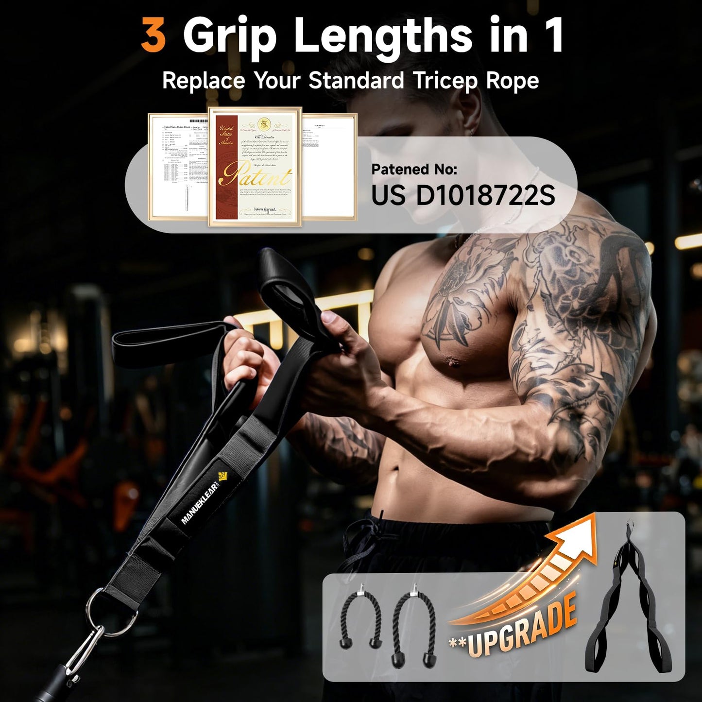 MANUEKLEAR 3 Grip Lengths in 1 Tricep Rope Cable Attachment with Ergonomic Handles, Greater ROM for Tricep Push Down Attachment Professional Gym Rope for Overhead Extension
