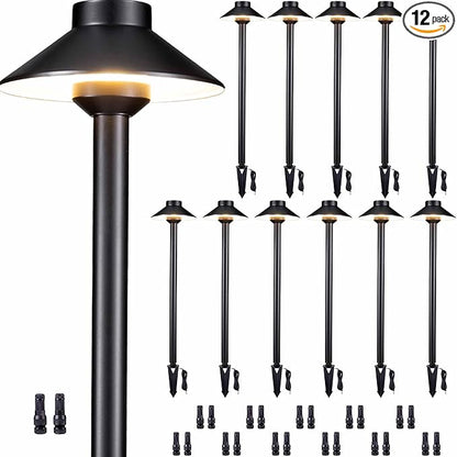Gardenreet Solid Cast Brass Pathway Light - 12v LED Landscape Path Lights Outdoor Waterproof IP65, Electric Pathlights Wired, Hat Shape Black for Garden Decorations G4 Bulb Not Included (12 Pack)