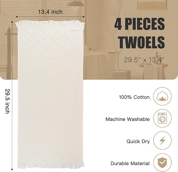 Boho Bathroom Decor Hand Towel 4 Pack 100% Turkish Cotton 14 x 30 Inch Boho