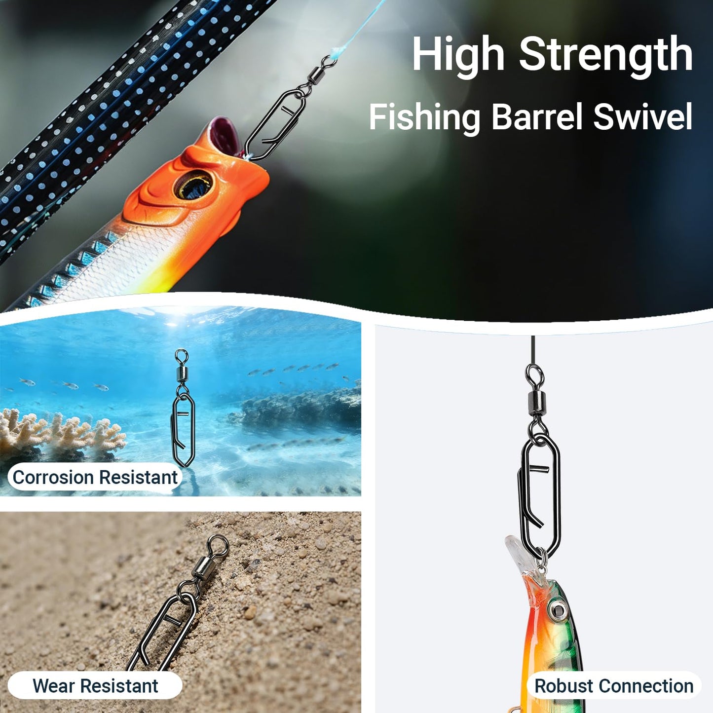 AMYSPORTS High Strength Saltwater Barrel Swivels Fishing Tackle Stainless Steel Line Connector Fishing Snaps Swivel Change Quick Fishing Clips Snap Black Nickel, 50pcs, 71lbs