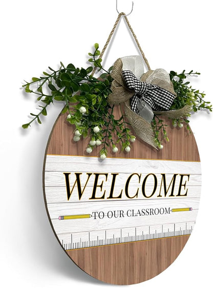 Welcome Sign for Classroom Door Welcome to Our Classroom front Door Sign with Wreath Teacher Round Hanging Wooden Plaque with Bow Decoration Welcome Back to School Wall Signs Porch 12×12 Inch