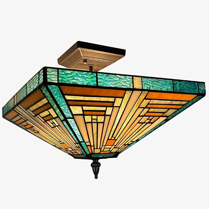 Capulina Tiffany Lamp Stained Glass Ceiling Light 2 Light 14 Inches Wide Amber Green Tiffany Style Semi Flush Mount Ceiling Lamp for Kitchen Porch Entryway Bathroom Hallway