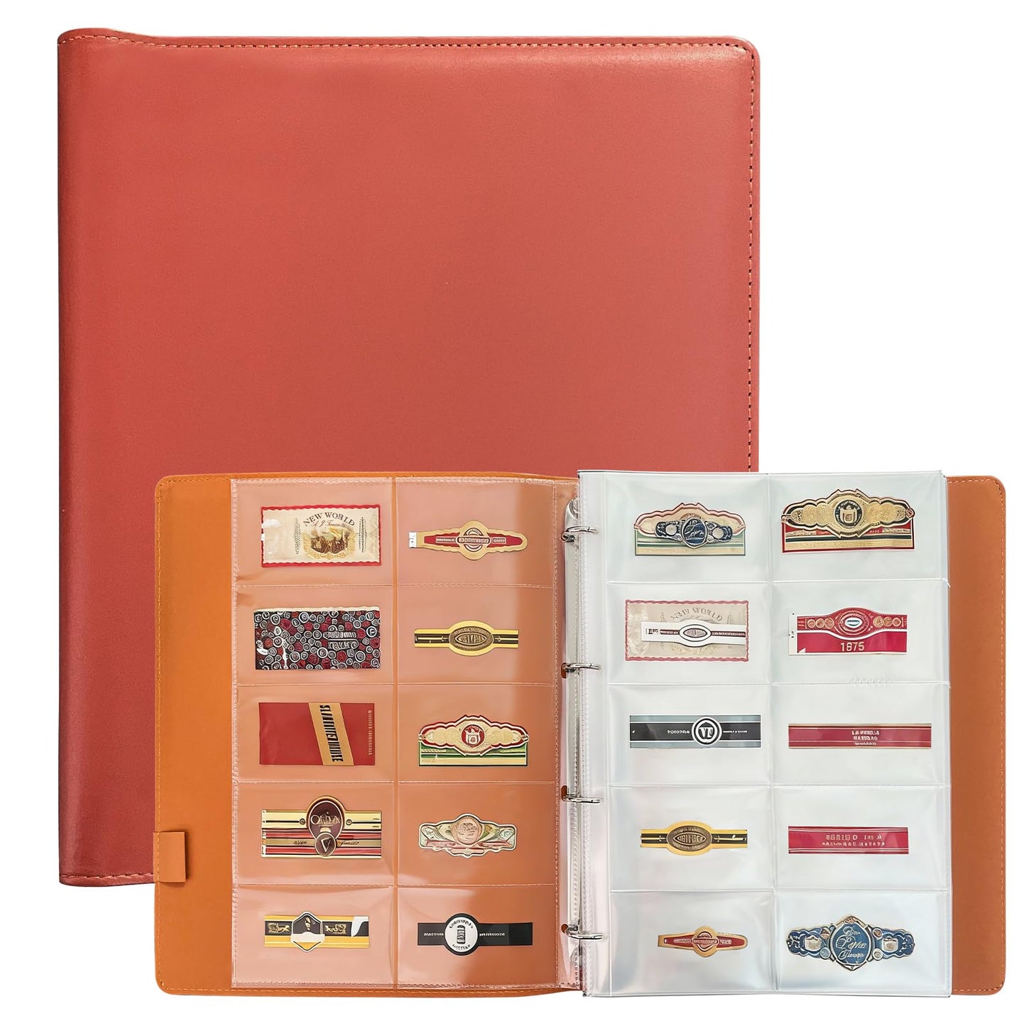 Cigar Label Album Binder, 50-Sheet Refillable Collector Book Holds 1000 Cigar Bands, PU Leather Hard Cover Cigar Label Storage Organizer, 12.6" x 10.6" Durable Display Folder for Cigar Lovers