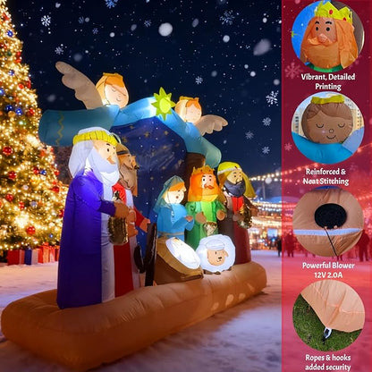 Christmas Inflatable Nativity Scene - 7ft Outdoor Indoor Decoration with LED Lights, Blow Up Yard Decor for Xmas Holiday, Nativity Set Includes Holy Family, Three Kings, Angel & Sheep