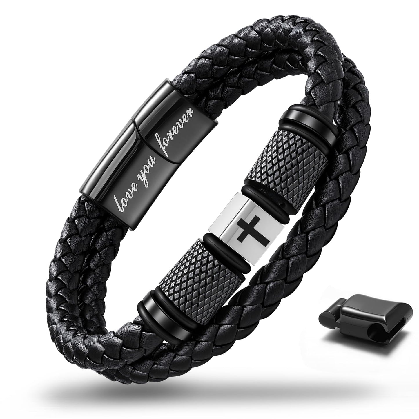 Leejory Christian Cross Bracelet for Men, Double-Row Braided Genuine Black Leather Multi-layer Cuff Bracelet Adjustable Wristband, Catholic Religious Jewelry Baptism Easter Gifts for Young Men Teenage