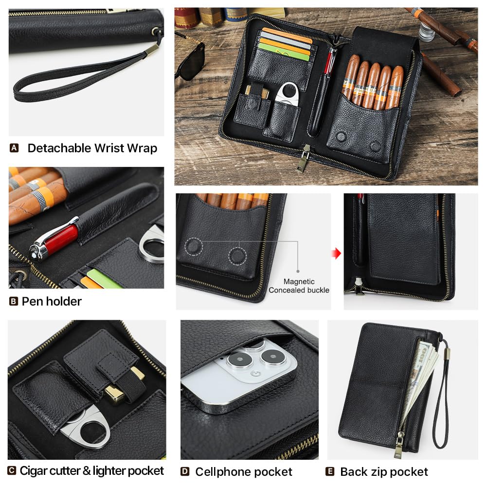 CONTACTS Full Grain Leather Cigar Case Travel Cigars Humidor Box Accessories Organizer with Cigar Cutter Lighter Pocket for 5 Pcs Cigars (Black)
