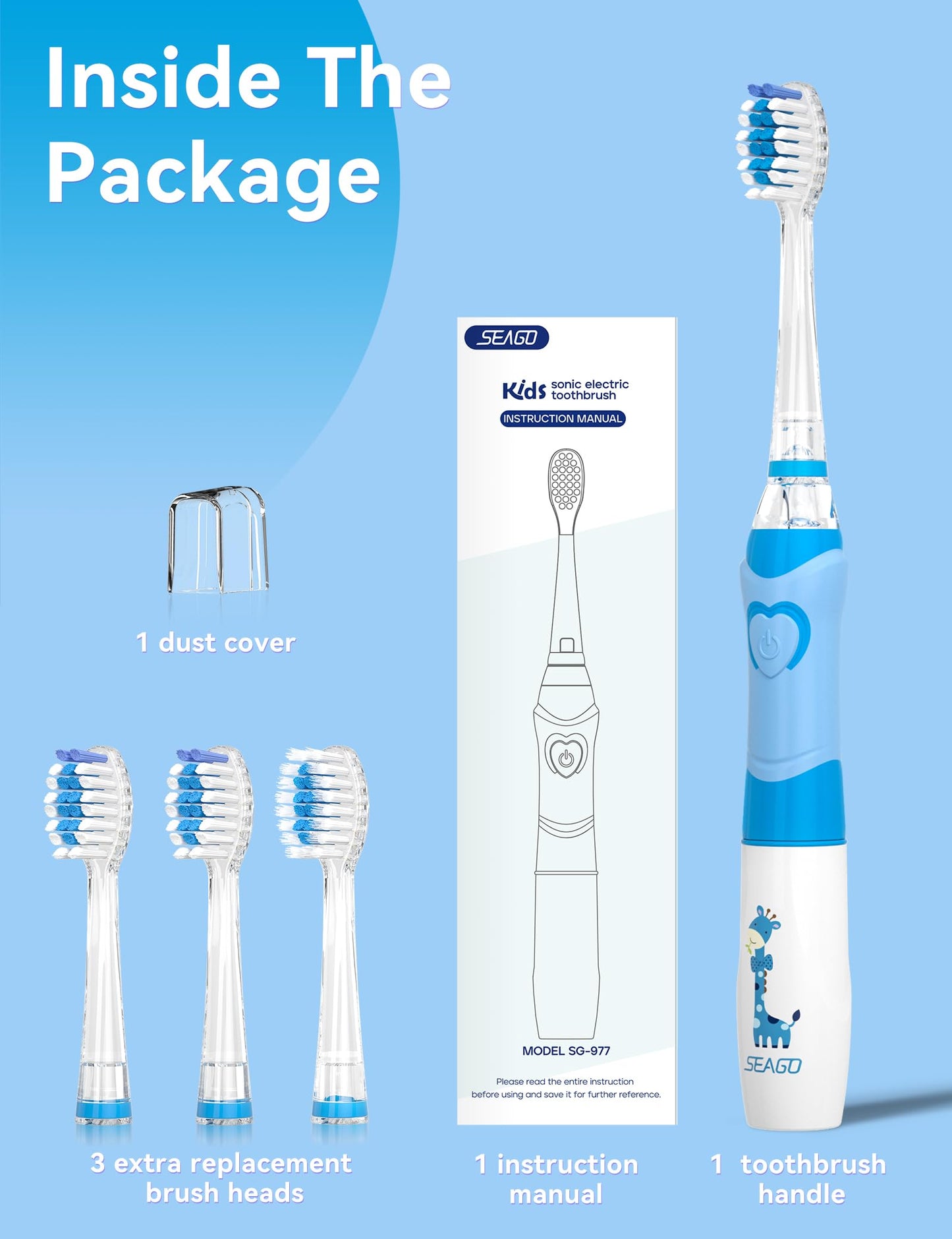 SEAGO Kids Electric Toothbrush with 2 Mins Brushing Timer and 4 Replacement Bursh Heads, Rainbow LED Light Make Brushing Fun, Boys Battery Powerd Toothbrush for 4-12 Years Old，SG-977 (Light Blue)