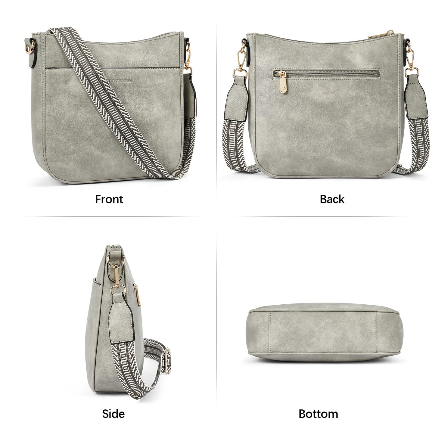 BOSTANTEN Crossbody Bags for Women Trendy Vegan Leather Hobo Purses Shoulder Handbags With Wide Shoulder Strap Sky Grey