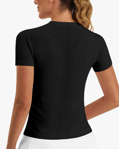 Stelle Women Workout Tops Short Sleeve Seamless Athletic Shirts Yoga Gym Sports Breathable Tees(Black,XS)