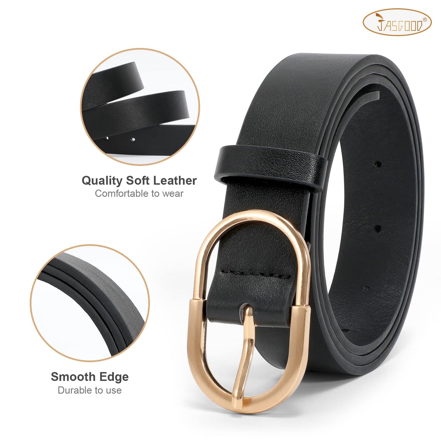 JASGOOD 3 Pack Women’s Leather Belts for Jeans Pants Fashion Ladies Belt with Gold Buckle D-Black+Brown+Beige