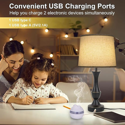 Touch Lamps for Bedrooms Set of 2, Farmhouse Table Lamp with USB C Charging Port, 3 Way Dimmable Nightstand Lamps with Linen Fabric Lampshade for Bedroom, Living Room (Pack2-Black)