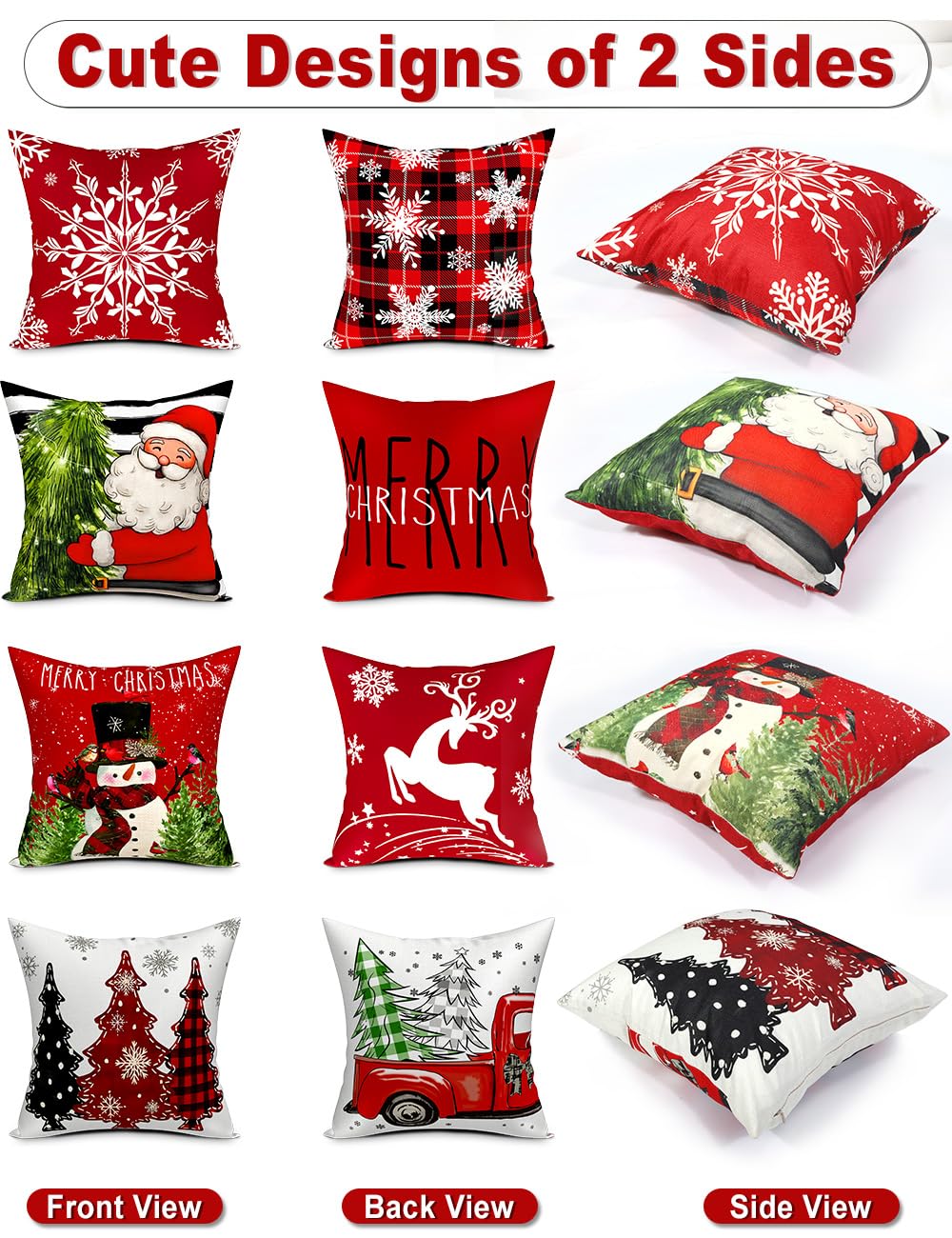 Double-Sided Print Christmas Pillow Covers 16''x16'', Set of 4, 8 Christmas Patterns Christmas Tree, Snowman, Snowflakes, Merry Christmas, Deer, Santa Claus,Truck, Let It Snow, Soft Linen Material