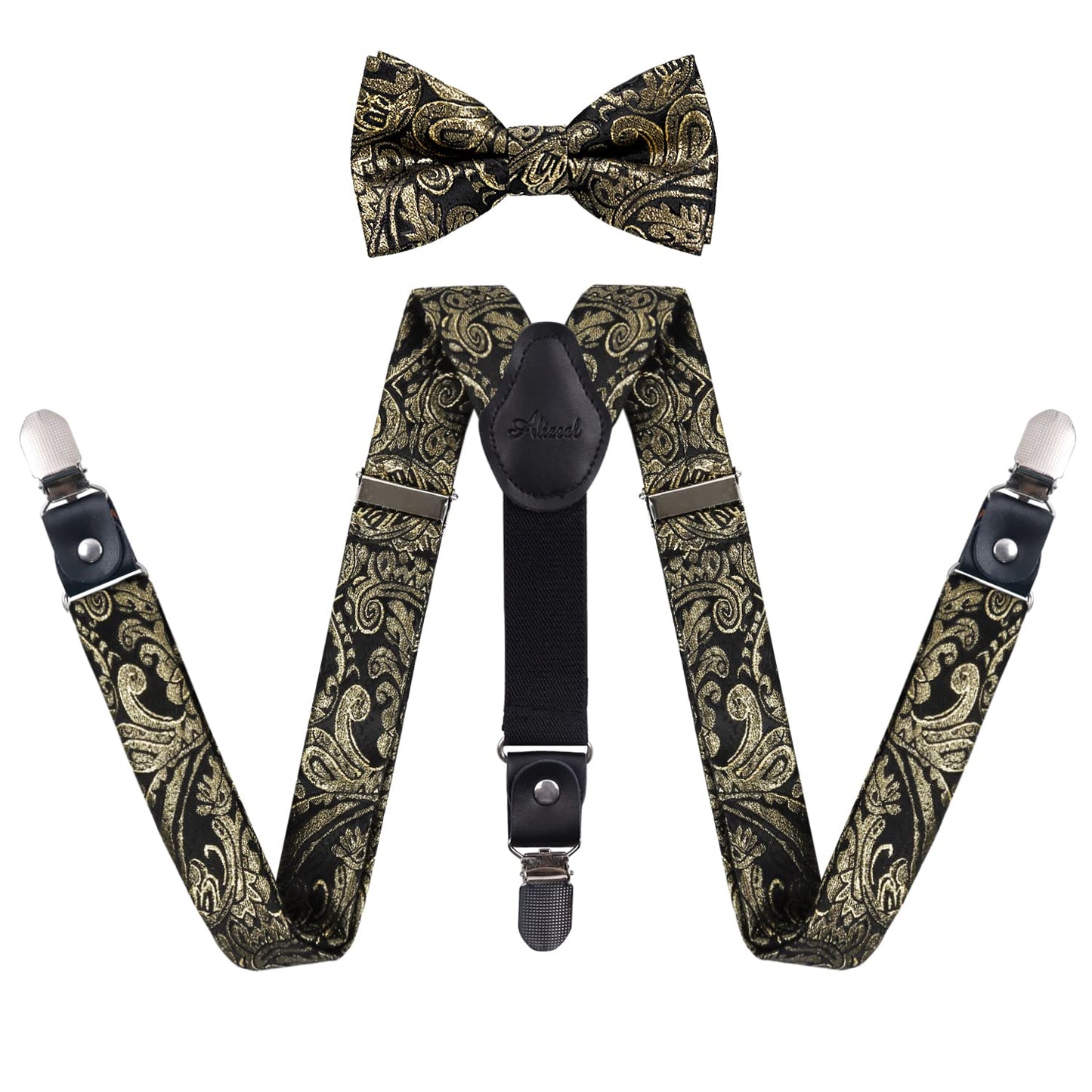 Alizeal Boys Adjustable Floral Paisley Pre-tied Bow Tie and Elastic Y Shape 3 Clips Suspenders Set, Black Gold