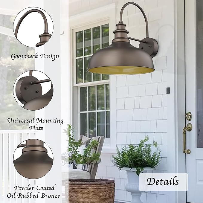 Bestshared 16 Inch Vintage Industrial Gooseneck Barn Light Farmhouse Outdoor Wall Sconce - Farmhouse Exterior Wall Mount Lighting Fixture for Garage, Patio, Porch,Front Door(Orb+Gold, 16"-2pack)