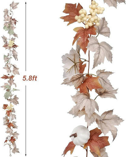 Lvydec Fall Maple Leaves Garland Decoration - 5.8ft Artificial Fall Foliage Garland with White Pumpkins Autumn Decor for Halloween Thanksgiving Home Table Decor (White)