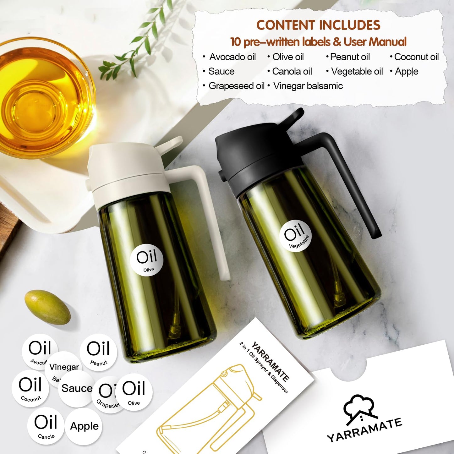 YARRAMATE 16oz/470ml Light-Blocking Dark Oil Sprayer for Cooking, 2 in 1 Olive Oil Dispenser Bottle for Kitchen, Premium Dark Green Glass Oil Bottle, Food-Grade Oil Mister for Air Fryer, BBQ (White)