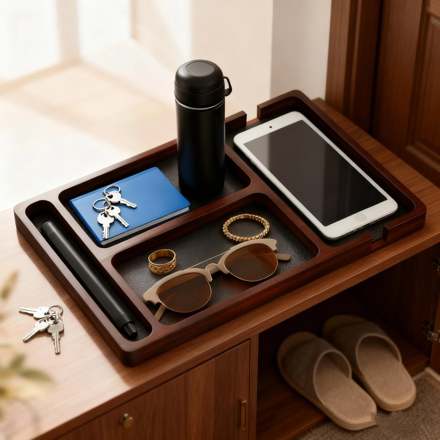 Wooden Valet Tray with Leather Inlay, Office Desk Organizer Tray, Nightstand Storage Tray, Multi-Purpose EDC Jewelry Storage Tray for Keys, Wallet, Watch, Phone & Earbuds (wood)