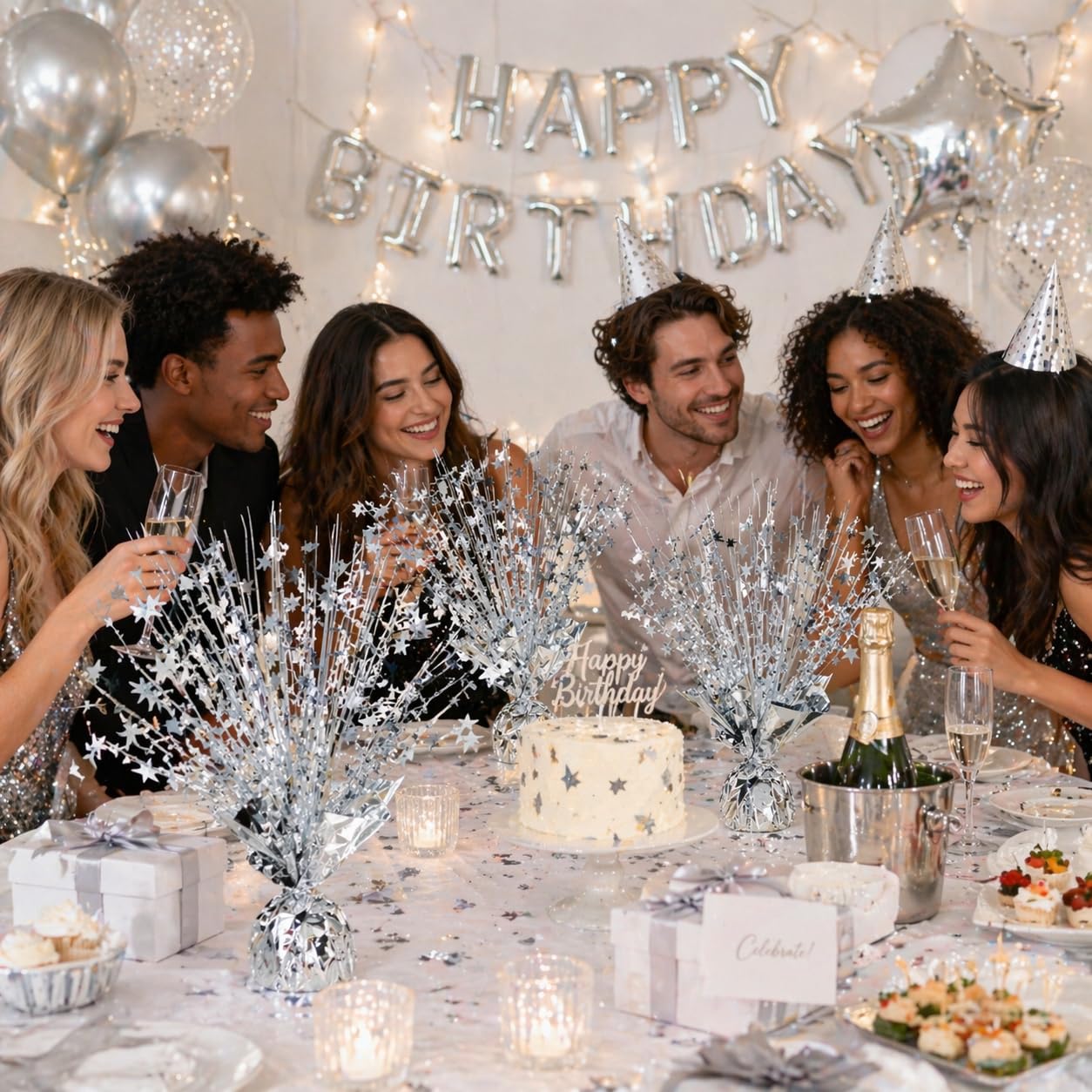 4 Pack Metallic Foil Spray Centerpiece Stars for Wedding, Birthday, Anniversary, Christmas Table Decor, Holiday Festival Baby Shower Graduation Mantle Party Decorations (Silver)